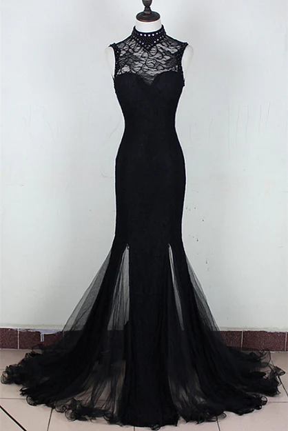 Luolandi Charming Black Mermaid Backless Long Evening Dress High Neckline Prom Dress Formal Dress